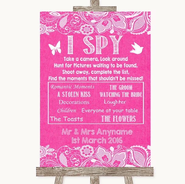 Bright Pink Burlap & Lace I Spy Disposable Camera Customised Wedding Sign