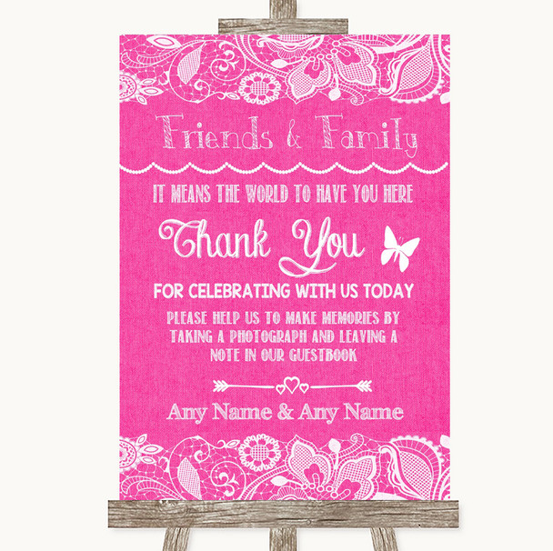 Bright Pink Burlap & Lace Photo Guestbook Friends & Family Wedding Sign