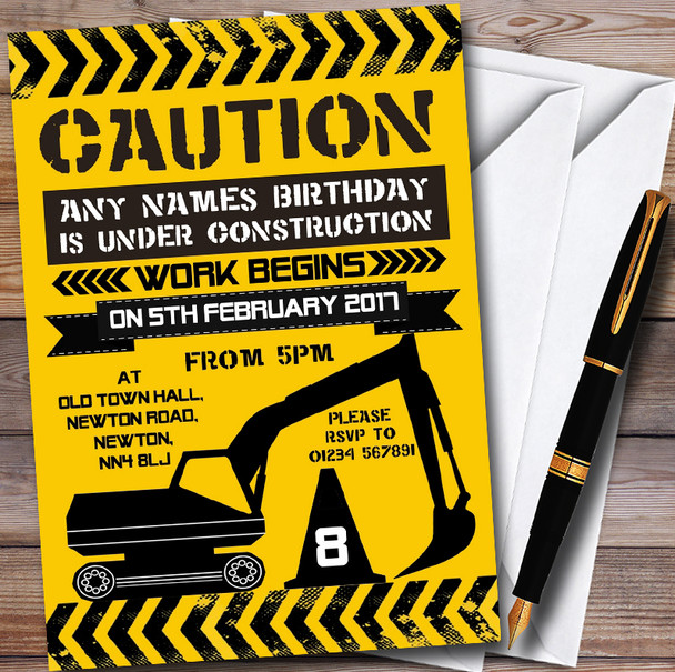 Caution Digger Under Construction Children's Birthday Party Invitations