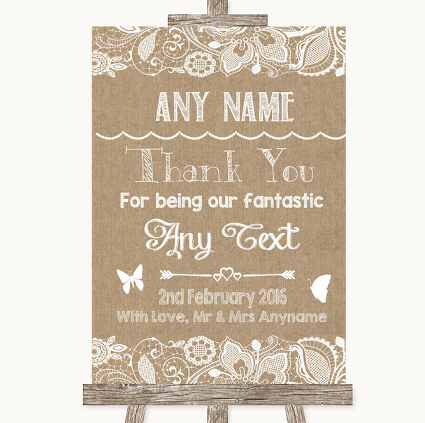 Burlap & Lace Thank You Bridesmaid Page Boy Best Man Customised Wedding Sign
