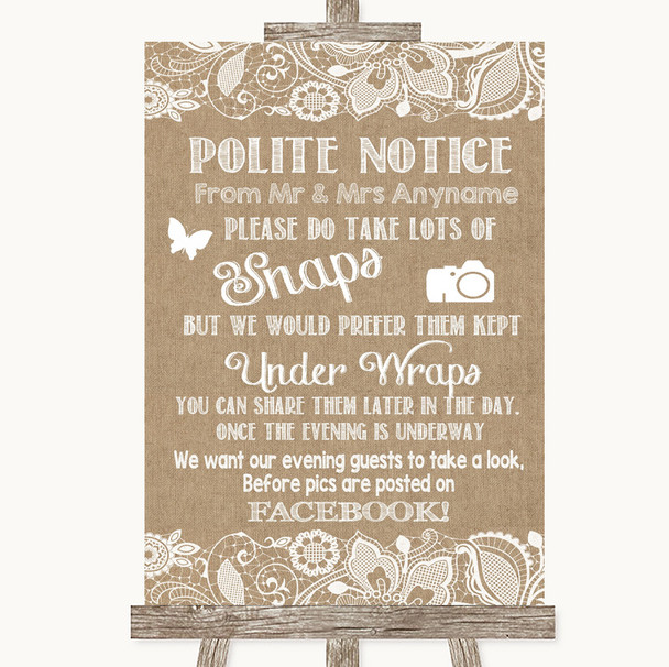 Burlap & Lace Don't Post Photos Facebook Customised Wedding Sign