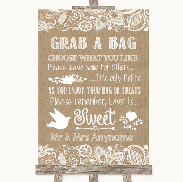 Burlap & Lace Grab A Bag Candy Buffet Cart Sweets Customised Wedding Sign