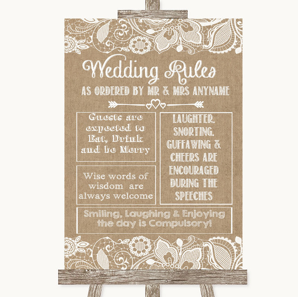 Burlap & Lace Rules Of The Wedding Customised Wedding Sign