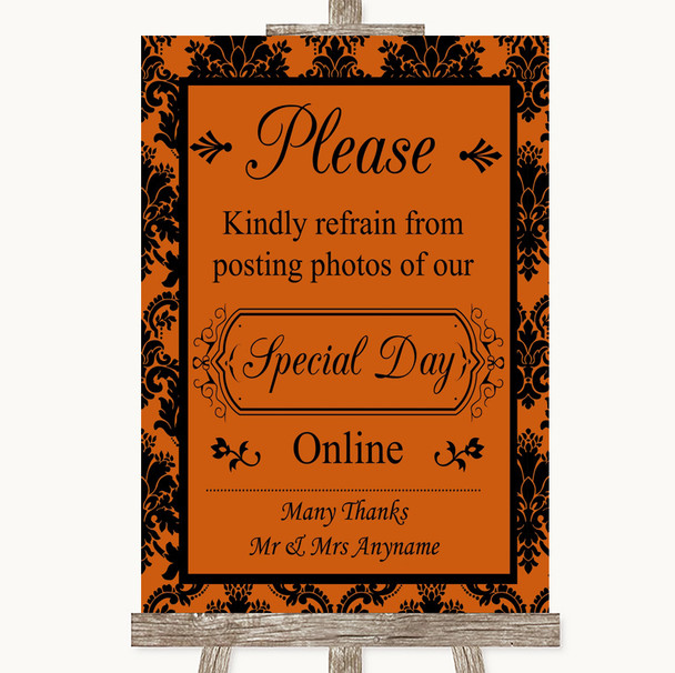 Burnt Orange Damask Don't Post Photos Online Social Media Wedding Sign