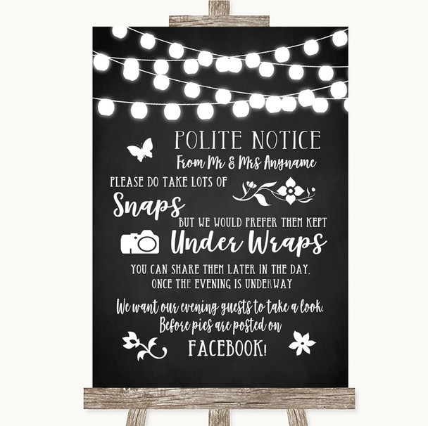 Chalk Style Black & White Lights Don't Post Photos Facebook Wedding Sign