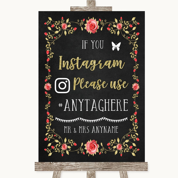 Chalk Style Blush Pink Rose & Gold Instagram Hashtag Customised Wedding Sign