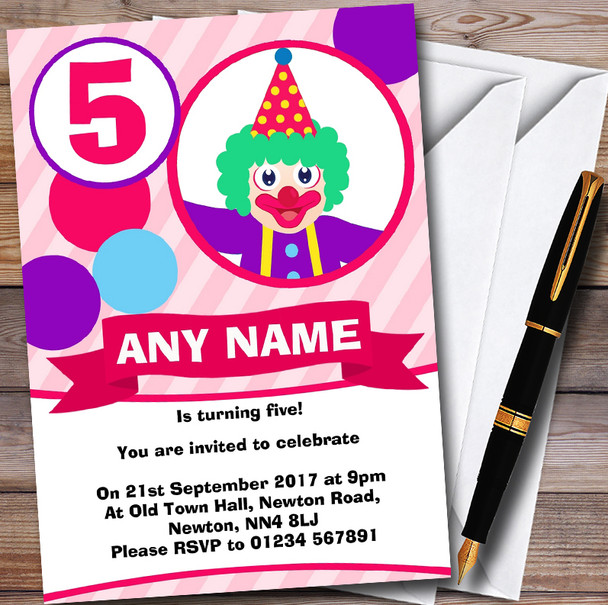 Girls Pink Clown Customised Children's Birthday Party Invitations