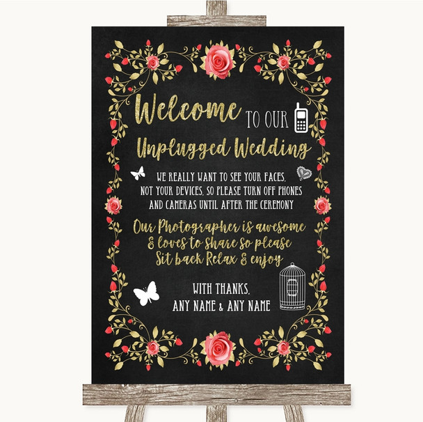 Chalk Style Blush Pink Rose & Gold No Phone Camera Unplugged Wedding Sign