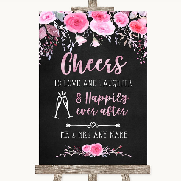 Chalk Style Watercolour Pink Floral Cheers To Love Customised Wedding Sign