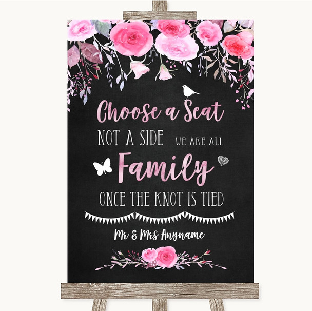 Chalk Style Watercolour Pink Floral Choose A Seat We Are All Family Wedding Sign