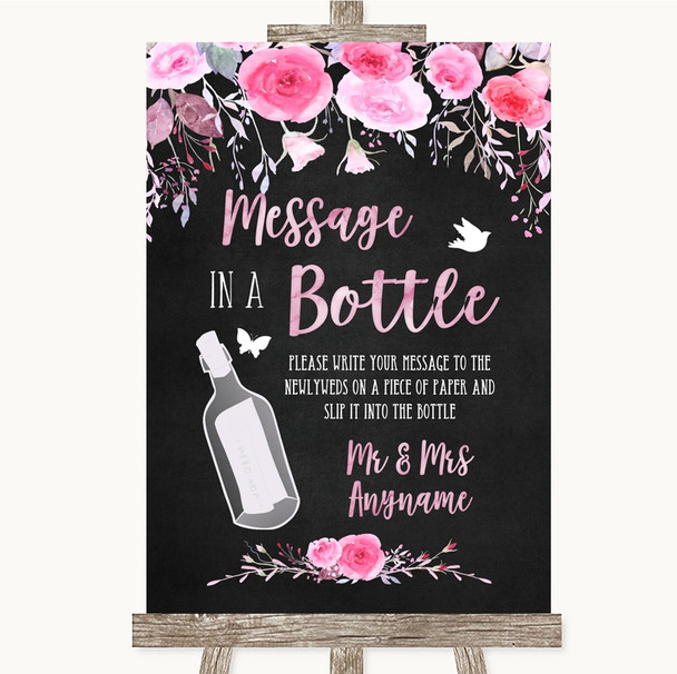 Chalk Style Watercolour Pink Floral Message In A Bottle Wedding Sign