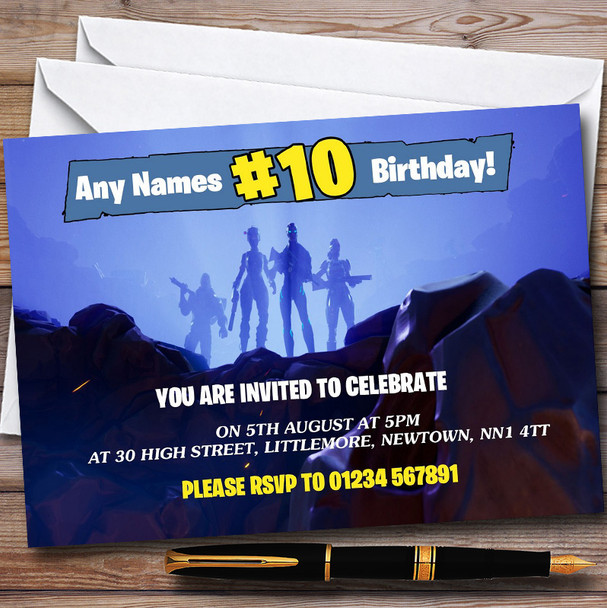 Blue Fortnite Customised Children's Birthday Party Invitations