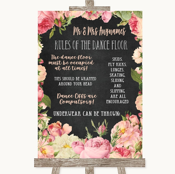 Chalkboard Style Pink Roses Rules Of The Dance Floor Customised Wedding Sign