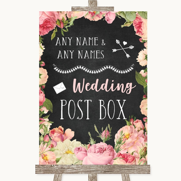 Chalkboard Style Pink Roses Card Post Box Customised Wedding Sign