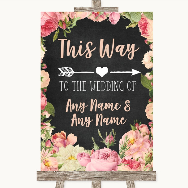 Chalkboard Style Pink Roses This Way Arrow Right Customised Wedding Sign