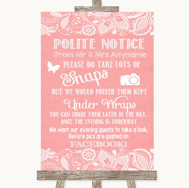 Coral Burlap & Lace Don't Post Photos Facebook Customised Wedding Sign