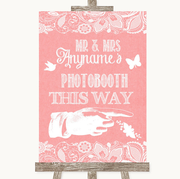 Coral Burlap & Lace Photobooth This Way Right Customised Wedding Sign
