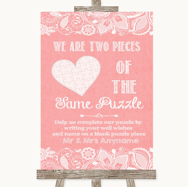 Coral Burlap & Lace Puzzle Piece Guest Book Customised Wedding Sign