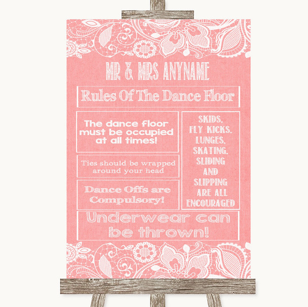 Coral Burlap & Lace Rules Of The Dance Floor Customised Wedding Sign