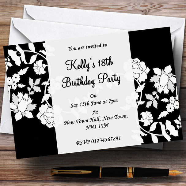Black & White Flower Customised Party Invitations