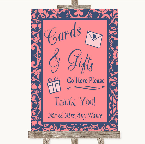 Coral Pink & Blue Cards & Gifts Table Customised Wedding Sign