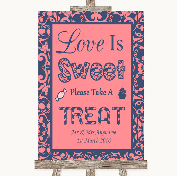 Coral Pink & Blue Love Is Sweet Take A Treat Candy Buffet Wedding Sign