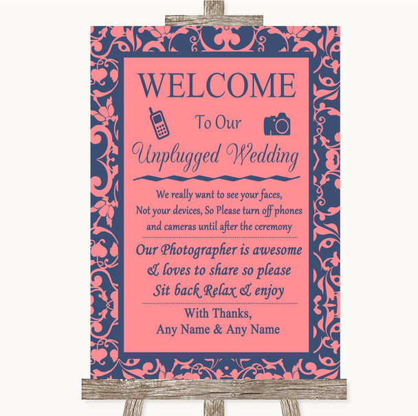 Coral Pink & Blue No Phone Camera Unplugged Customised Wedding Sign
