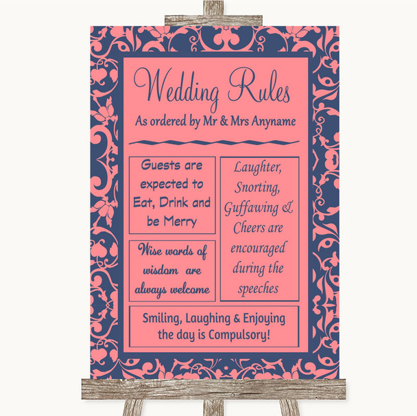 Coral Pink & Blue Rules Of The Wedding Customised Wedding Sign