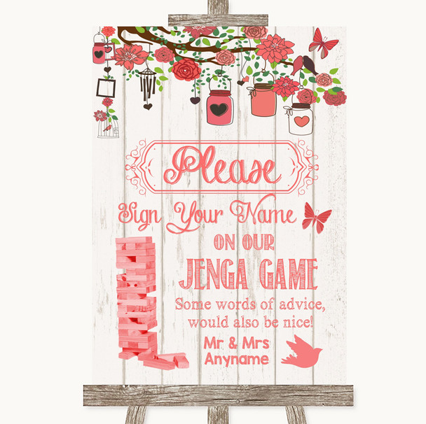 Coral Rustic Wood Jenga Guest Book Customised Wedding Sign