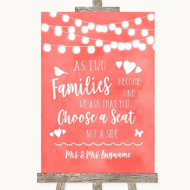 Coral Watercolour Lights As Families Become One Seating Plan Wedding Sign