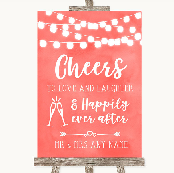 Coral Watercolour Lights Cheers To Love Customised Wedding Sign