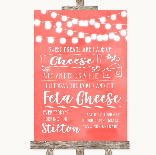 Coral Watercolour Lights Cheeseboard Cheese Song Customised Wedding Sign