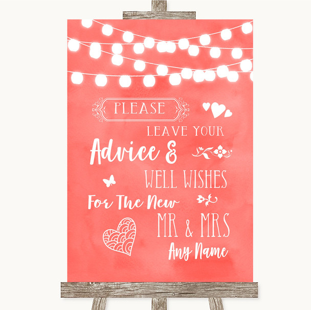 Coral Watercolour Lights Guestbook Advice & Wishes Mr & Mrs Wedding Sign