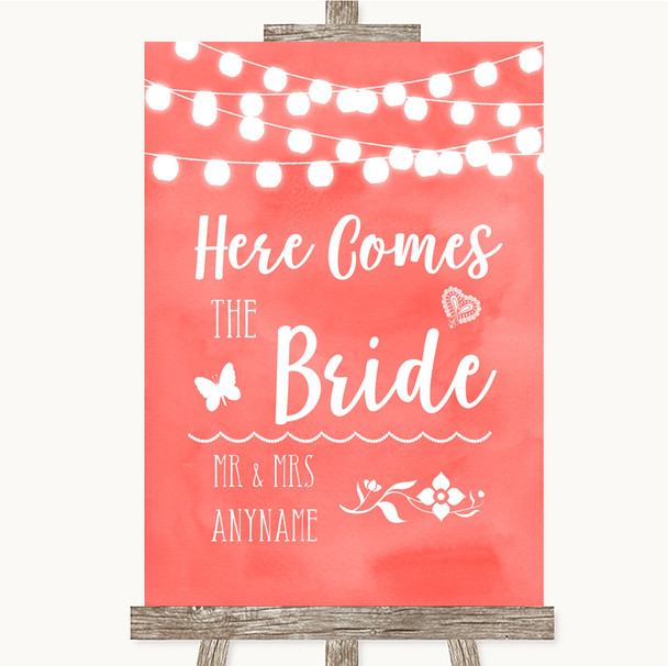 Coral Watercolour Lights Here Comes Bride Aisle Customised Wedding Sign