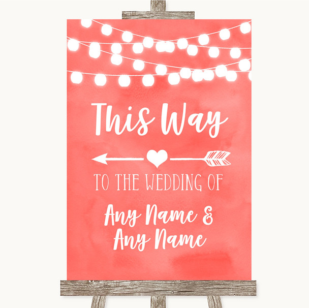 Coral Watercolour Lights This Way Arrow Left Customised Wedding Sign