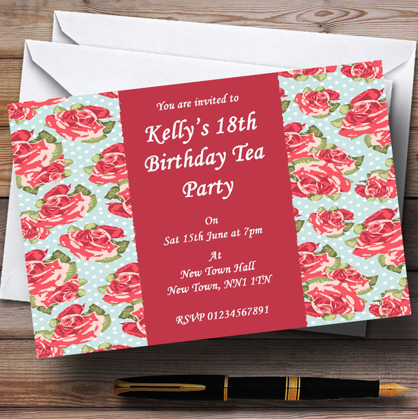 Blue Pink Cath Kidston Inspired Vintage Tea Customised Party Invitations