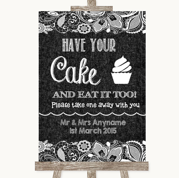 Dark Grey Burlap & Lace Have Your Cake & Eat It Too Customised Wedding Sign