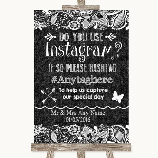 Dark Grey Burlap & Lace Instagram Photo Sharing Customised Wedding Sign