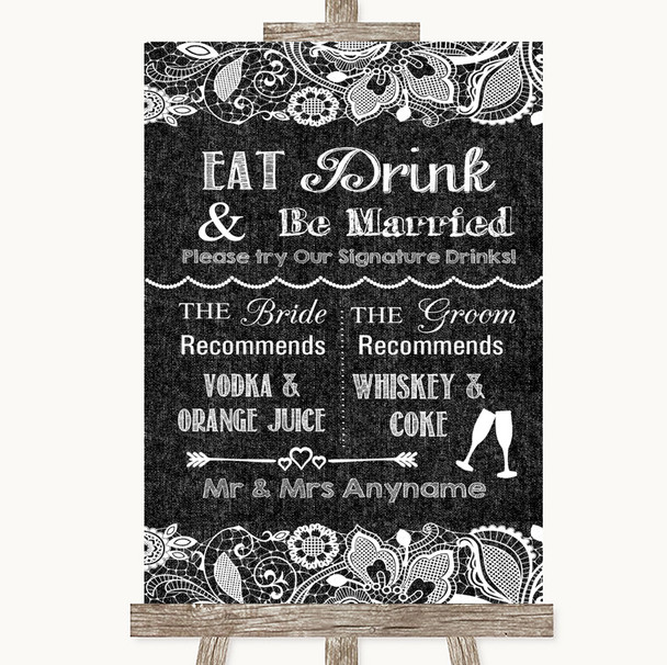 Dark Grey Burlap & Lace Signature Favourite Drinks Customised Wedding Sign