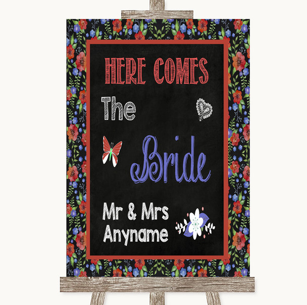 Floral Chalk Here Comes Bride Aisle Sign Customised Wedding Sign