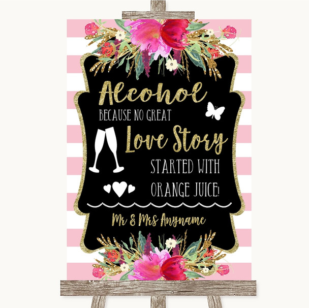 Gold & Pink Stripes Alcohol Bar Love Story Customised Wedding Sign