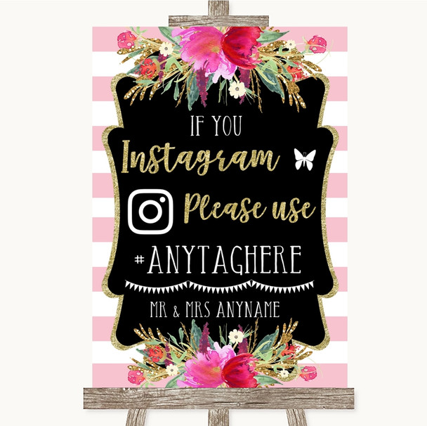 Gold & Pink Stripes Instagram Hashtag Customised Wedding Sign