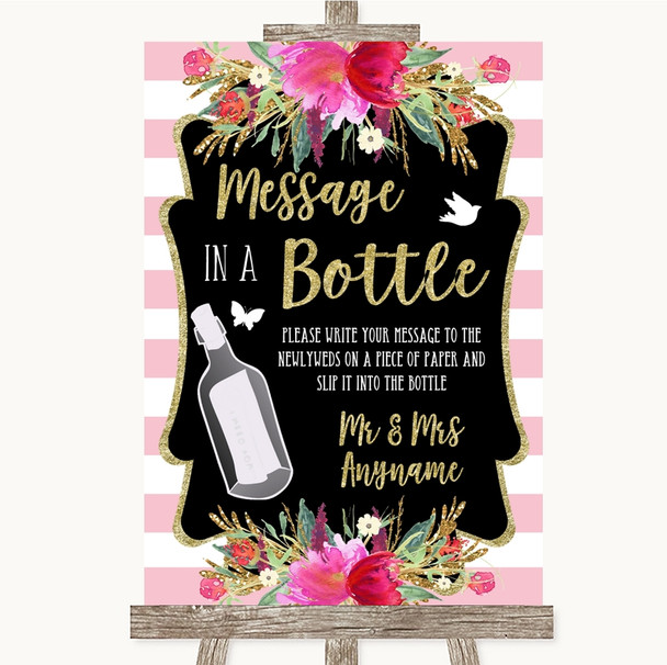 Gold & Pink Stripes Message In A Bottle Customised Wedding Sign