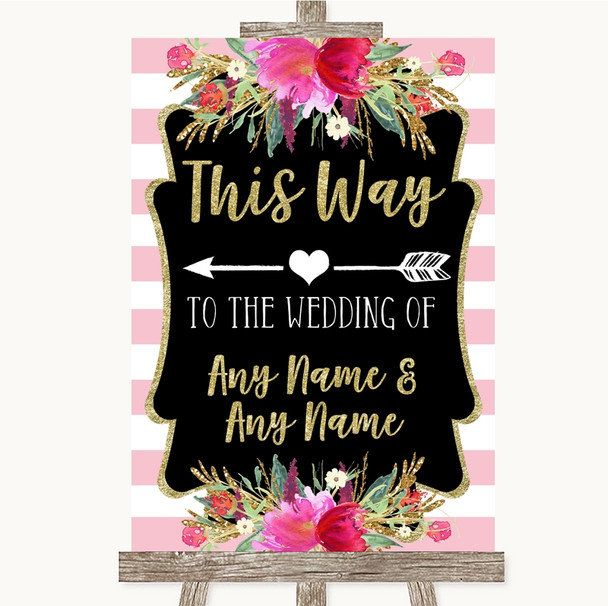 Gold & Pink Stripes This Way Arrow Left Customised Wedding Sign