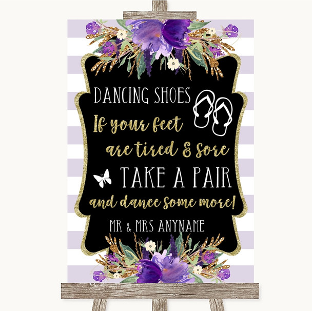 Gold & Purple Stripes Dancing Shoes Flip Flops Customised Wedding Sign