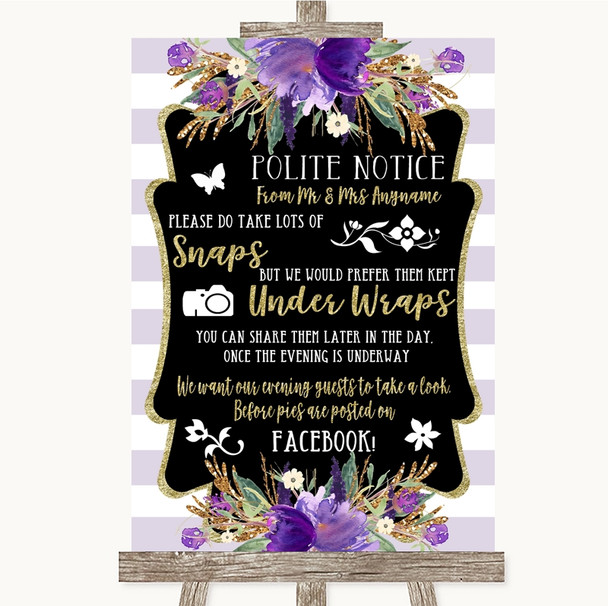 Gold & Purple Stripes Don't Post Photos Facebook Customised Wedding Sign