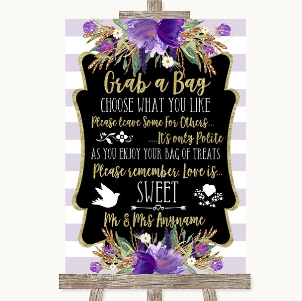 Gold & Purple Stripes Grab A Bag Candy Buffet Cart Sweets Wedding Sign