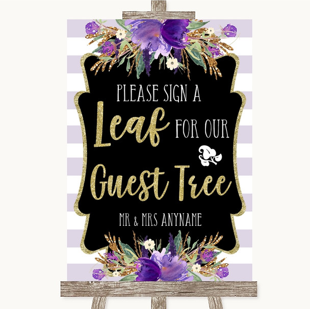 Gold & Purple Stripes Guest Tree Leaf Customised Wedding Sign