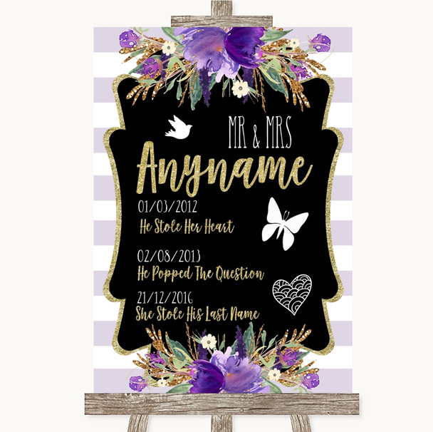 Gold & Purple Stripes Important Special Dates Customised Wedding Sign