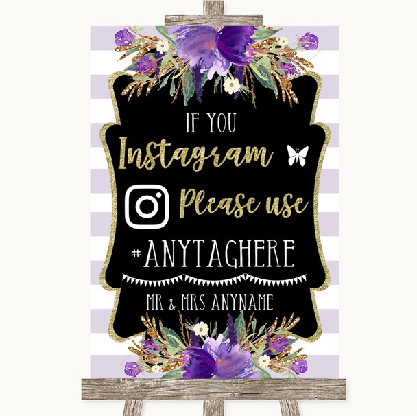 Gold & Purple Stripes Instagram Hashtag Customised Wedding Sign